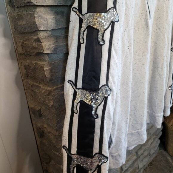 Victoria Secret Pink Bling Sequin Logo Dog Hooded Pullover 1/4 Zip Gray Black LG - Picture 8 of 12